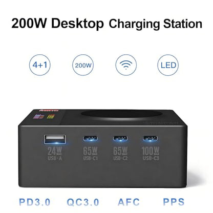 ISDT Power 200H 200W USB C Charging Station 5-in-1 Desktop Charger with 3 USB-C, USB-A & 15W Magnetic Wireless Charger, PD Fast Charging Hub with LCD Display for MacBook, Laptop, iPad, iPhone, Samsung