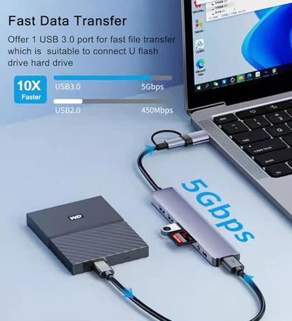 USB C Hub USB Hub 3.0 with SD/TF Card Reader, 3.5mm Headphone Aux Jack, 8-in-1 USB Splitter for MacBook Pro Air, XPS, Surface and More PC/Laptop/Tablet Devices