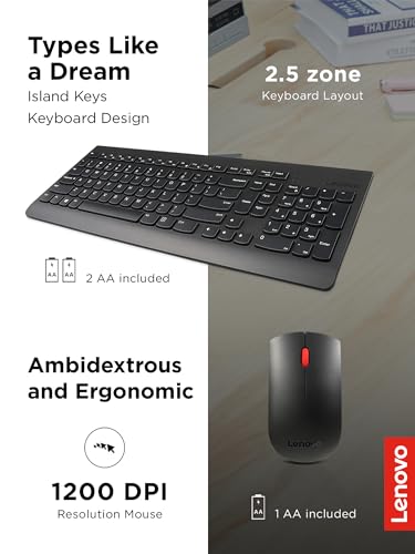 Lenovo 510 Wireless Keyboard & Mouse Combo, 2.4 GHz Nano USB Receiver, Full Size, Island Key Design, Left or Right Hand, 1200 DPI Optical Mouse, GX30N81775, Black - color: Black