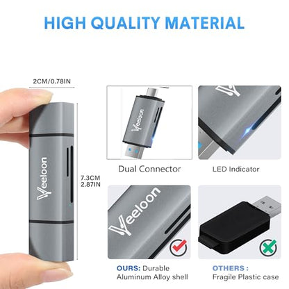 OTG SD Card Reader，Dual Slots USB 3.0 Type C to Micro SD Card Adapter, MicroSD SDHC SDXC Memory Card Viewer for Camera, Compatible with iPhone 17 16 15 Pro/Pro Max PC Computer MacBook Laptop
