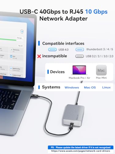 ACASIS USB4 to 10Gb Ethernet Adapter Aluminum Housing | USB-C to 10gb Ethernet Adapter Compatible Thunderbolt 3/4/5 Ethernet Adapter for Video Editing / Windows (Driver Required)