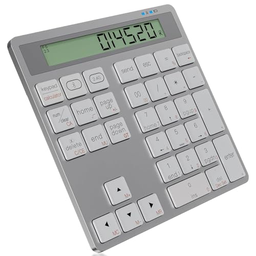 Wireless Bluetooth Numeric keypad and Calculator 2-in-1 Silent Multifunction keypad with Display Office Business for PC, Mac, Laptop, Desktop (Silver)