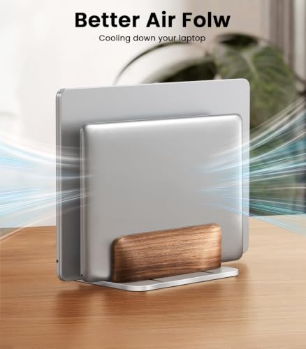 LOXP Vertical Laptop Stand, Dual Slot Wooden + Aluminum Laptop Holder | Desktop Adjustable MacBook Stand, Adjustable Base, for MacBook Pro/Air, (up to 17.3-inch All laptops) - color: silver