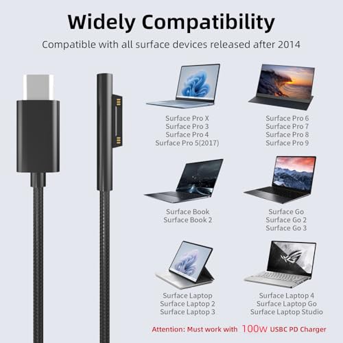 PD100W USB-C Charger Cable Compatible with Surface Pro Laptop Microsoft Surface Pro 10/9/8/7+/7/6/5/4/3/X Windows Surface Laptop 6/5/4/3/2/1 Surface Go Tablet Surface Book Support 65W/45W,6FT
