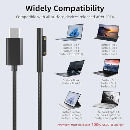 PD100W USB-C Charger Cable Compatible with Surface Pro Laptop Microsoft Surface Pro 10/9/8/7+/7/6/5/4/3/X Windows Surface Laptop 6/5/4/3/2/1 Surface Go Tablet Surface Book Support 65W/45W,6FT