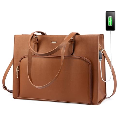 LOVEVOOK Laptop Bag for Women 15.6 inch Waterproof Work Tote Bag Briefcase with USB Charging Port PU Leather Computer Handbag Shoulder Bag Large Professional Teacher Bag for Travel Business School - color: Brown