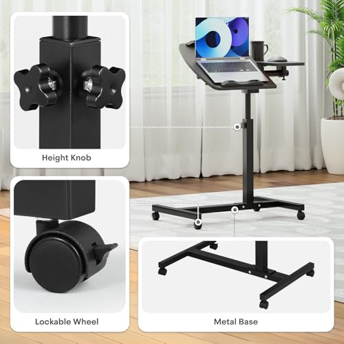 Athena Collection Adjustable Standing Desk with Wheels Overbed Table, Black | Height Adjustability(28.5"-39.5"), Smooth-rolling Casters, Rolling Lab Cart with Large Tabletop for Office, Hospital, Clinic - color: Black, size: Split Desktop
