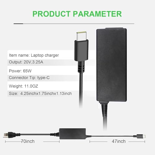 65 Watt USB C Charger for Dell Latitude 5420 5540 Chromebook 3110 3100 2-in-1 for HP Spectre X360,Elite x2 for Lenovo Thinkpad/Yoga/Chromebook, ADLX65YDC2A for XPS and Latitude 5000