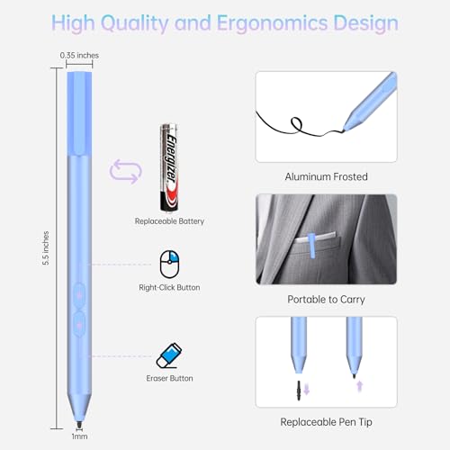 Stylus Pen for HP Omnibook/Envy/Spectre/Pavilion x360, 1024 Pressure | MPP 1.51 Stylus Pen with Palm Rejection, 2500H Battery Digital Pen with Eraser for Drawing/Note-Taking, AAAA Battery Included - color: Blue