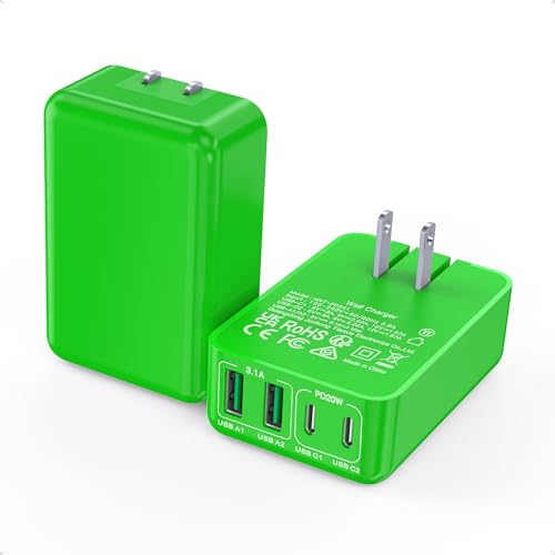 Flat USB C Charger Block, 2-Pack 40W USB C Fast Charging Block 4-Port Dual PD+QC Power Adapter Double Charger Block Multiport Type C Cube Multiple Wall Plug for iPhone 17 16 15 14 13 12 Pro Max(Green) - color: Green