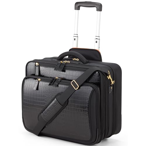 FRANCINE Croco-Style Roller Laptop Tote Bag, Fits Up to 17-Inch Laptop, Wheeled Carry-On Work Travel Bag with Telescoping Handle and Multiple Compartments (Black)
