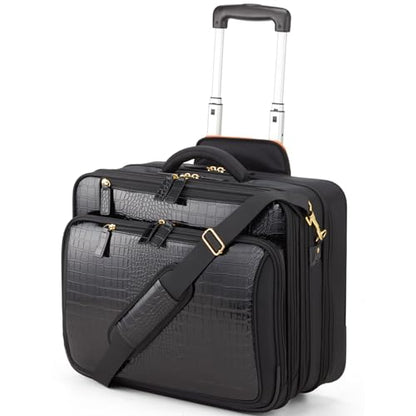 FRANCINE Croco-Style Roller Laptop Tote Bag, Fits Up to 17-Inch Laptop, Wheeled Carry-On Work Travel Bag with Telescoping Handle and Multiple Compartments (Black)