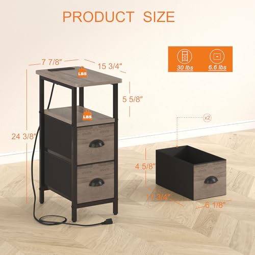 sthmec Narrow End Table with Charging Station, Narrow Side Table with 2 Fabric Drawers, LED End Table, Slim Nightstand with LED Light, Small Side Table for Small Spaces, Living Room, Bedroom, Grey - color: Grey, size: 7.87'' W x 15.75'' D x 24.37'' H, sty