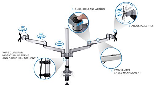 Mount-It! Premium Modular Dual Monitor Desk Mount Arms | Tilt Swivel VESA Wall Mount | Fits 13 15 17 19 21.5 24 27 Inch Computer Screens with 75 100 VESA Patterns | C-Clamp and Grommet Bases | Silver