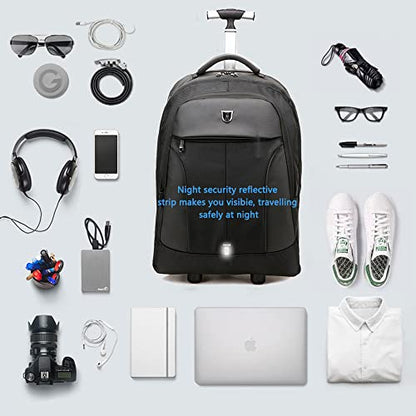 Rolling ,Waterproof Backpack with Wheels for Business, College Student and Travel Commuter, Carry on Backpack with Laptop Compartment, Fit 17 Inch Laptop, Wheeled Backpack for Adults - color: Black