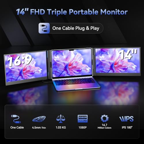 One Cable Connection Triple Laptop Screen Extender - Ultra Thin 14" Monitor IPS FHD 1080P Lightweight Portable Display for 13"-17" Laptops Compatible with Windows Mac Chrome Travel Work Setup - size: 14.3"