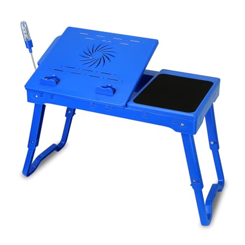 Foldable Laptop Desk, Adjustable Portable Laptop Stand for Bed Couch, Small Bed Table for Laptops and Writing, Bed Tray Table with Cup Holder, Cooling Fan, LED Light (Blue) - color: Blue