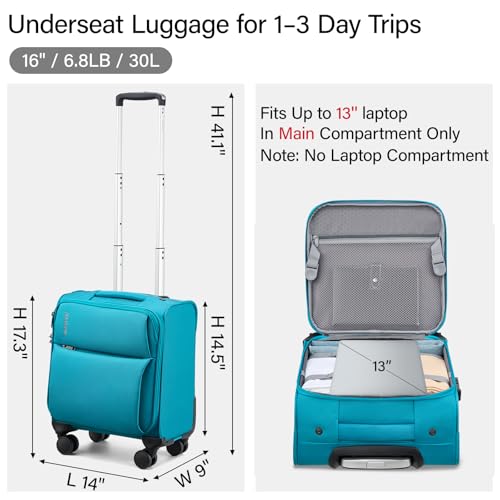 Hanke Underseat Carry On Luggage with Wheels, Small Suitcase, Rolling Bag | 360° Silent Spinner Wheels, TSA Lock, 16 Inch, 30L Personal Item, Softside, Lightweight, Trolley Sleeve, Caribbean Blue - color: Caribbean Blue, size: 16 Inch Underseat