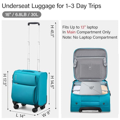 Hanke Underseat Carry On Luggage with Wheels, Small Suitcase, Rolling Bag | 360° Silent Spinner Wheels, TSA Lock, 16 Inch, 30L Personal Item, Softside, Lightweight, Trolley Sleeve, Caribbean Blue - color: Caribbean Blue, size: 16 Inch Underseat