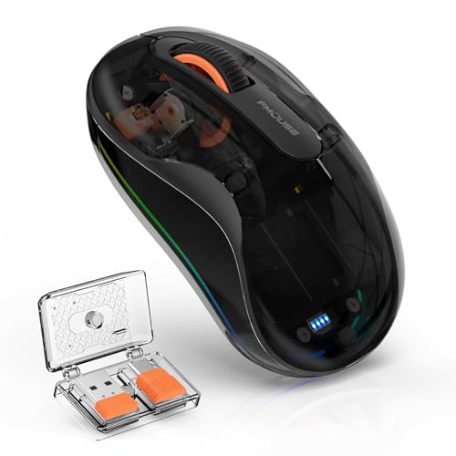 Bluetooth Wireless Mouse, Transparent RGB Tri-Modes Mouse,Bluetooth & 2.4GHz for Multi Device, USB-C Receiver Ideal for MacBook/Laptops, Rechargeable, Silent, Portable, Cool LED, Ergonomic - Black - color: Black