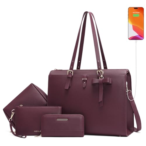 Keyli 4pc Sets Laptop Bag for Women Large Leather Laptop Briefcase with USB Charging Port Computer Shoulder tote Bags Purse - color: Wine Red