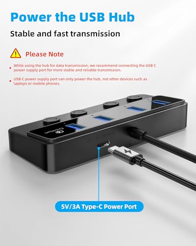 Qeefun 4-Port USB 3.0 Hub, Individual LED Power Switches, 5Gbps Data Transfer USB Splitter with 2ft Extension Cable, Multiple USB Extender for Laptop, PC, iMac, USB Flash Drives and More - style: A to 4A(60cm)