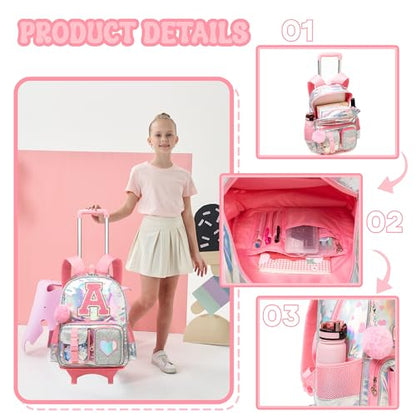 HTgroce Cute Rolling Backpack with Wheel,School Backpack for Kids Girl Roller Schoolbag Wheeled Backpacks Set Carry-on Luggage,Pink A - color: Pink, style: A
