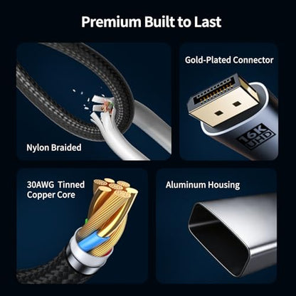 6.6 FT Nylon Braided 4K@240Hz USB-C to DisplayPort 2.1 Cable, 80Gbps UHBR20 | 16K@60Hz 8K@120Hz VRR HDR Thunderbolt 5/4 Compatible with MacBook Pro, Mac mini, RTX5090, OLED Gaming Monitor