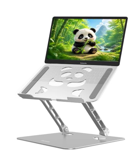 Stable Laptop Stand for Desk Fit for 10"-16.3" Laptops, Silver | Foldable Aluminum Riser Creates an Ergonomic Workspace with Cute Panda Cooling Vent, Fits MacBook Air/Pro, Dell and Lenovo - color: Silver