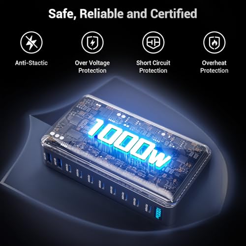 1000W USB C Charging Station, 10 Port GaN Desktop Charger, Multi Device Fast Charging Station with PD USB C Ports, High Power Charging Hub for Laptop, Tablet, iPhone, Office & Home - color: 1000W
