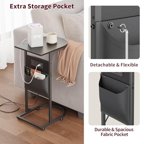 C Shaped End Table with Charging Station, Small Side Table for Couch, C Table Slides Under Sofa with Storage Bag, TV Tray Table for Recliner, Living Room, Bedside, Bedroom, Small Spaces, Black - color: Charging Station Black