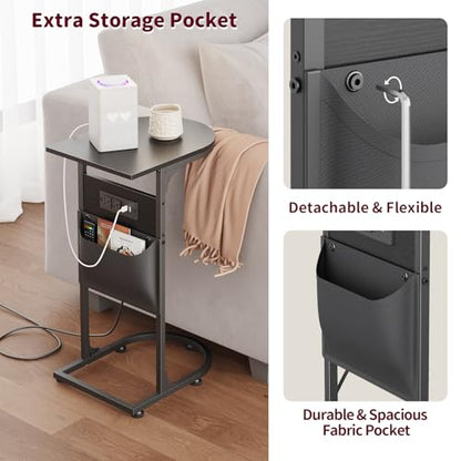 C Shaped End Table with Charging Station, Small Side Table for Couch, C Table Slides Under Sofa with Storage Bag, TV Tray Table for Recliner, Living Room, Bedside, Bedroom, Small Spaces, Black - color: Charging Station Black