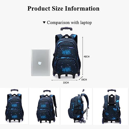 Mildame Galaxy Print Rolling Backpack for School Boys Girls with Lunch Bag Teens Bookbag with Wheels Kids Trolley Bag Set, Six Wheels - color: Black Starry Sky Set-6 Wheels