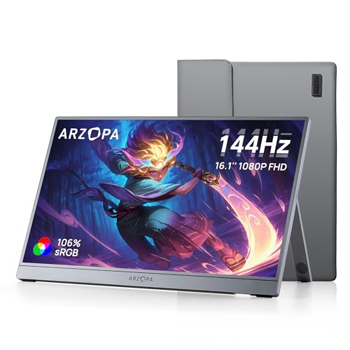 ARZOPA 16.1'' 144Hz Portable Gaming Monitor, 106% sRGB 1080P FHD Kickstand Portable Monitor with HDR, Ultra Slim, Eye Care, External Second Screen for Laptop, PC, PS5, Mac, Xbox-Z1FC Gray - color: Gray, size: 16.1", style: Z1FC/144Hz