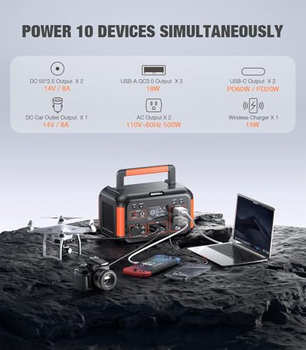 GRECELL 500W Portable Power Station 444Wh Solar Generator PD 60W Charging | With 110V Pure Sine Wave AC Outlet 1000W Peak Power Station for Camping Trip RV Outdoor Home Emergency Backup & Solar Powered - color: Orange