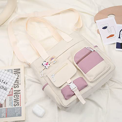 Phaoullzon Cute Messenger Bag Kawaii Crossbody Purse for Teen Shoulder Tote | Gifts for Girls/ Women, Nylon Japanese College Satchel Travel Work Gym Handbag - color: Beige1, style: Large(could Fit 14" Laptop)