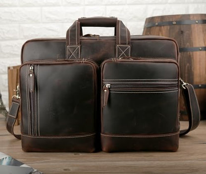 Masa Kawa Expandable Leather 17" Laptop Travel Messenger Duffel Bag Men | Large Overnight Weekend Business Trip Duffel Bags with Luggage Strap, Crossbody Shoulder Computer Briefcase - color: B2