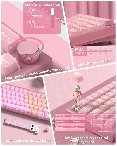 Womier 60% Keyboard QMK/VIA, Pink Gaming Mechanical Keyboard Creamy | Hot Swappable Gasket Mount RGB Wired Jade Keyboard, Jelly Keycaps POM Linear Switch for Windows/MAC(VK66 PRO Jelly) - color: V-Pink