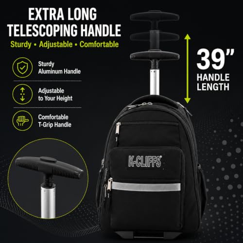 Heavy Duty Rolling Backpack School Bookbag with Wheels Deluxe Wheeled Daypack - color: Black