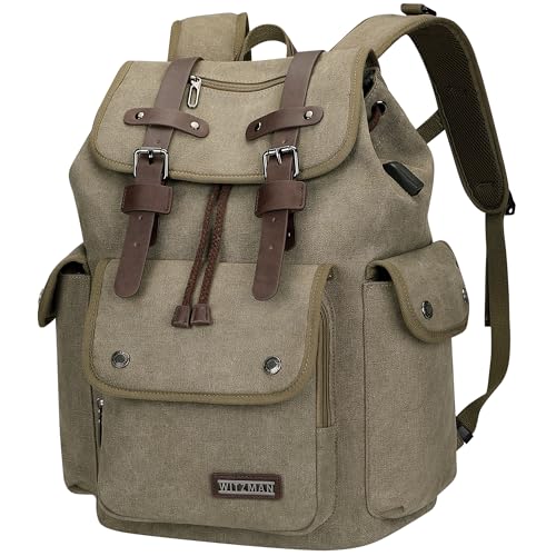 WITZMAN Canvas Backpack for Men Vintage Rucksack Fits 15.6 inch Laptop | Drawstring Backpack, Travel High Capacity Casual Daypack with USB Charging Port, For Vacation, Overnight Trip, A8004 Green - color: Army Green