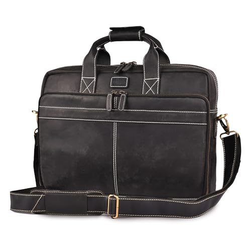 LEATHER VILLAGE 16" Leather Laptop Messenger Briefcase Bag for Men-Leather Satchel for Travel and Office Shoulder Bag-Black - color: Black, size: 16"