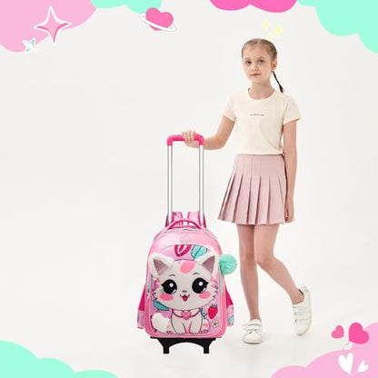 Cute Rolling Backpack for Girls School Backpacks with Wheels for Girls 8-12 Kawaii Rolling Backpack Kids Backpacks with Wheels Travel Luggage for Elementary Student - color: Pink Cat Strawberry