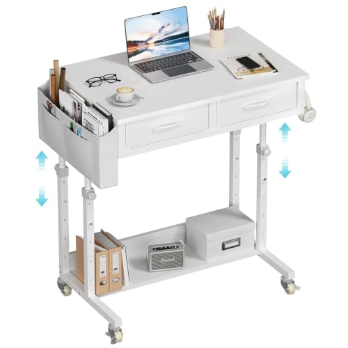 WINAZ Small Rolling Desk with Drawers & Storage - 32 Inch Adjustable Height Standing Desk on Wheels for Teachers, Students, Portable Mobile Workstation for Home Office, Small Spaces, Sewing & Crafts - color: White, size: 31.5"