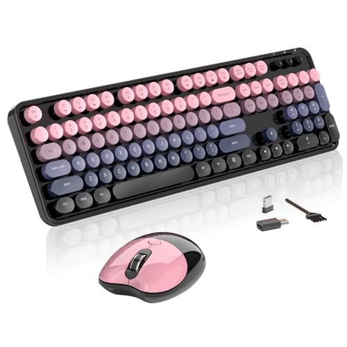 Wireless Keyboard and Mouse, MOFII 104 Round Keycaps Retro Typewriter with OTG & Brush, Full-Size Ergonomic, Ideal for Windows PC, Home, Office and College Peach Pink - color: Peach Pink