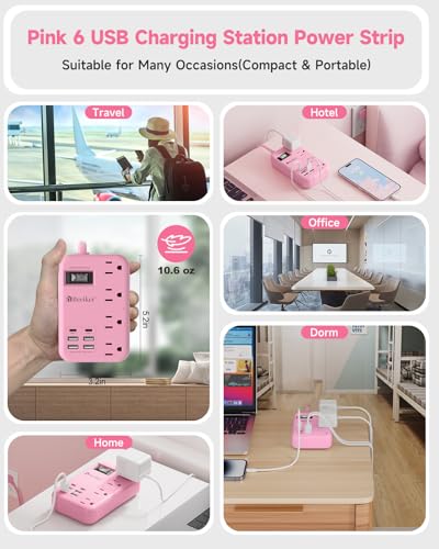 6 USB (2 USB C) Pink Extension Cord,5 Feet Travel Power Strip,4 Outlets | 6 USB,24W USB Charging Station,Travel Power Strip,Pink Desk Accessories, Surge Protector,Cute Kawaii Gifts College Dorm,5 Ft - size: Pink-24W USB-5ft-980J