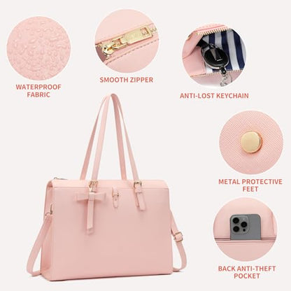 Keyli 4pc Sets Laptop Bag for Women Large Leather Laptop Briefcase with USB Charging Port Computer Shoulder tote Bags Purse - color: Pink