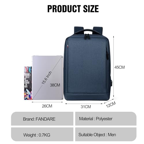 FANDARE 15.6 inch Business Laptop Rucksack Bag with USB Charging Port Mens Laptop Backpack Business Travel Rucksack Polyester Daypack with Luggage Strap Multi-Compartment for Work Commuter Blue - color: Blue