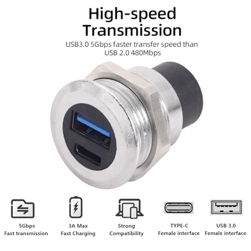 PENGLIN 2PCS Dual USB-C 3.1 & USB 3.0 Female to Female Bulkhead Socket | 10Gbps High Speed Data Transfer, 5V/1A Fast Charging, Panel Mount Thread Adapter, With Waterproof Cap - color: Silver&Black, size: 2PCS