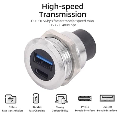 PENGLIN 2PCS Dual USB-C 3.1 & USB 3.0 Female to Female Bulkhead Socket | 10Gbps High Speed Data Transfer, 5V/1A Fast Charging, Panel Mount Thread Adapter, With Waterproof Cap - color: Silver&Black, size: 2PCS