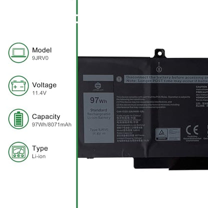 9JRV0 53XP7 053XP7 Laptop Battery Replacement for Dell Latitude 5521 5531 Precision 3561 3571 3581 3591 Series Notebook 05RGW 005RGW 11.4V 97Wh 8071mAh - size: 13.4*5.5*1.3inch 9JRV0